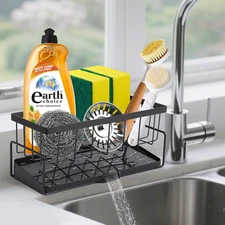 Sponge Holder for Kitchen Sink, Self-Draining Sink Caddy with Towel Rack, Sponge