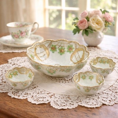 Ant. Nippon Hand Painted Nut Set Master Bowl + 3 Individual Bowls Moriage Japan