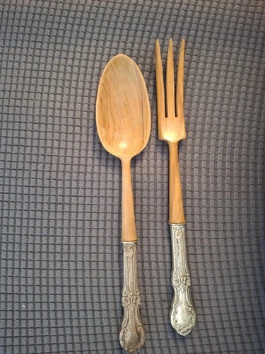 Sterling Silver Handle  Salad Serving Set Wood 11"