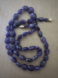 Vintage Carved Deep Purple Amethyst Oval Bead Barrel Clasp 24 Inch Long Necklace
