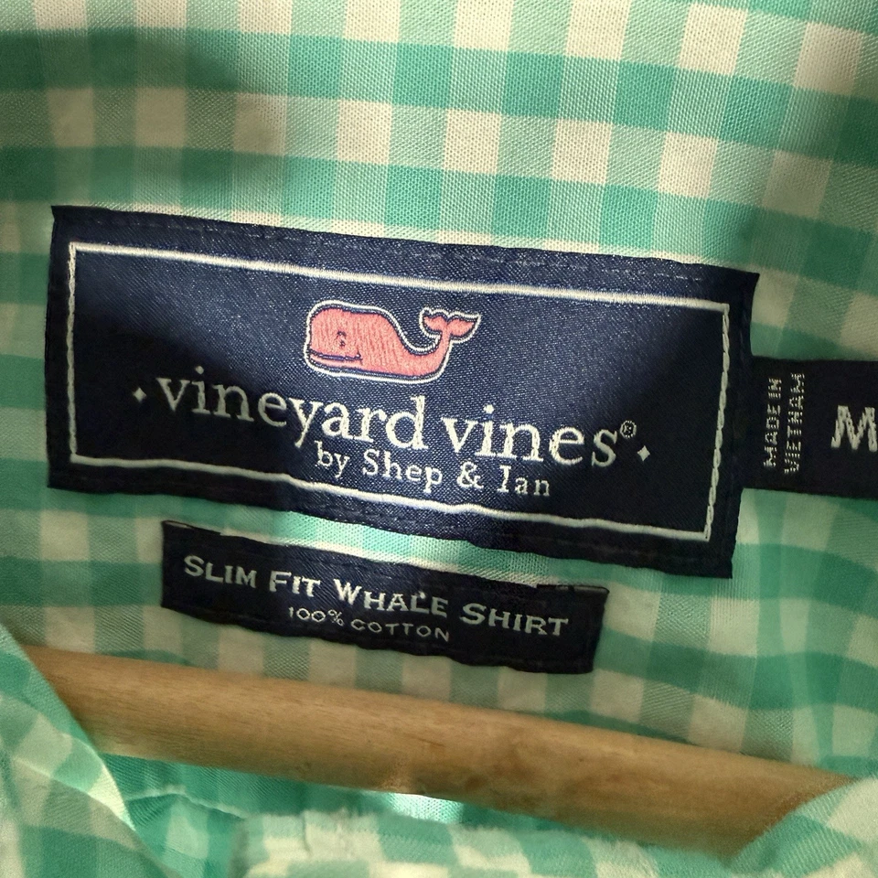 Vineyard Vines Men's Slim Fit Whale Shirt Gingham Check Button-Down Medium Green - Image 3 of 4