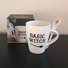 Basic Witch Ceramic Mug & Spoon Set, White/Black, Novelty Halloween