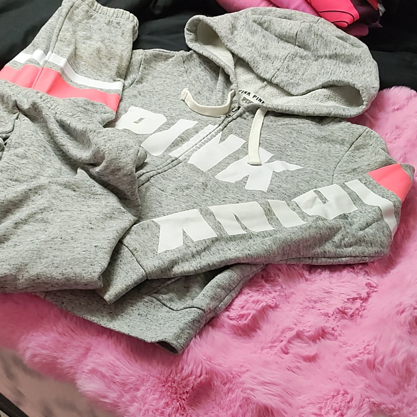 PINK Victoria's Secret Women's Gray Hoodie Zip & Sweatpants Set M