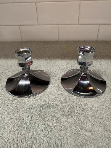 Irvinware Silver Chrome Candlestick Holders 2.5" Vintage Pair, Made in USA