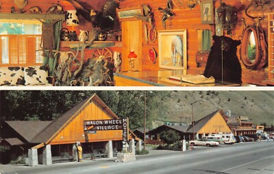Jackson WY Wyoming Wagon Wheel Village Hunting Lodge Cabin Vtg Postcard C20