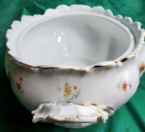 Large Antique Carlsbad Austria Porcelain OVAL SERVER & LID Purple Flowers Vintag - Picture 6 of 12