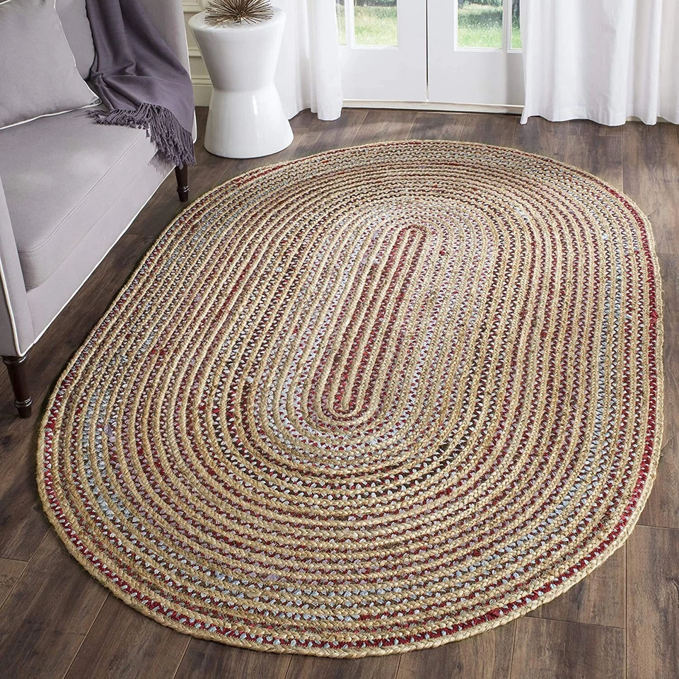 Natural Jute Cotton Rug Handmade Oval Reversible Braided Mat Modern Area Carpet - Image 4 of 4