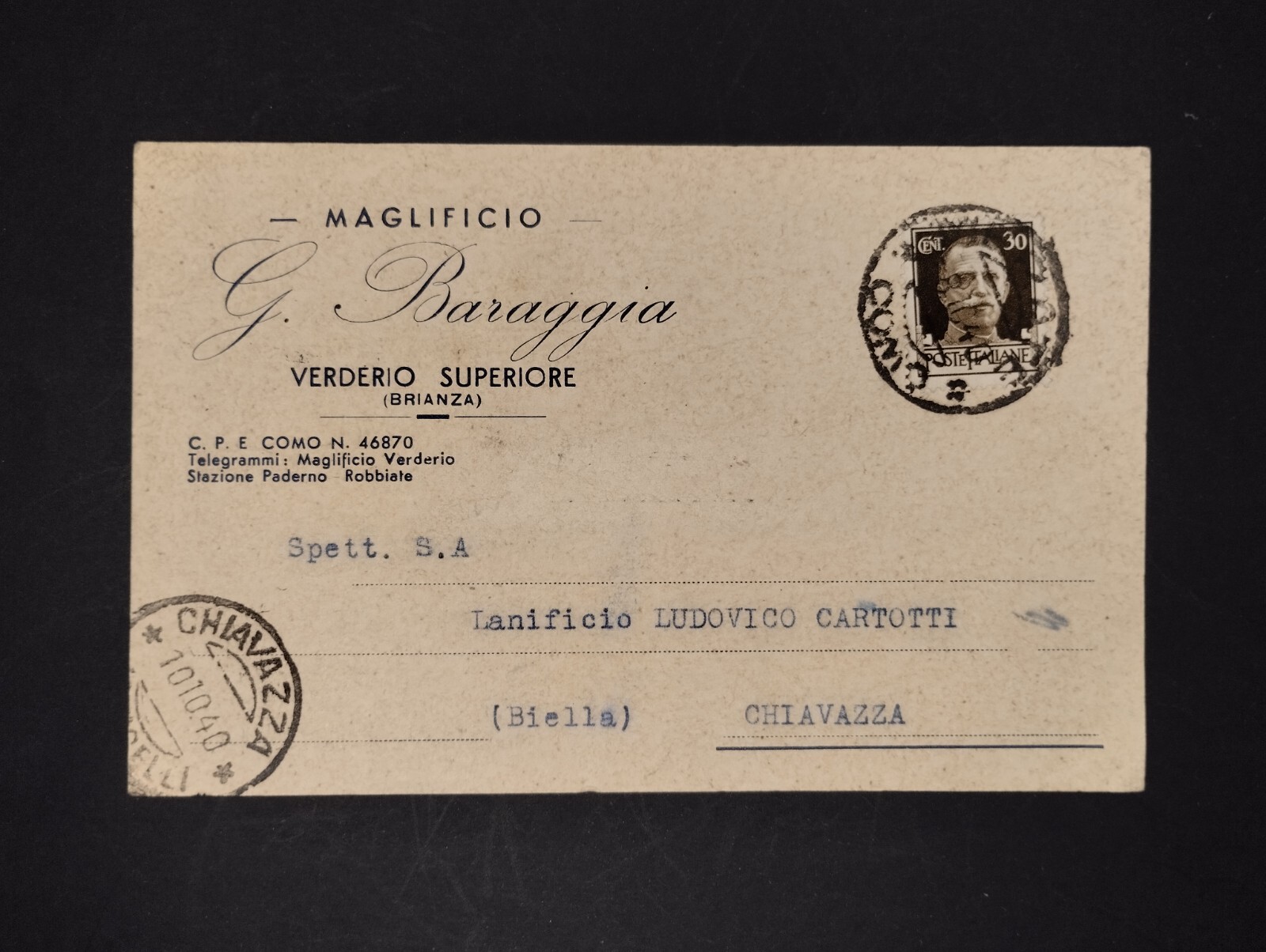 Cartolina Commerciale Verderio Superiore Maglificio Baraggia 1940 KY1148