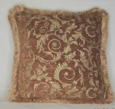 orange coral rust floral chenille fringe pillow for sofa chair or couch made usa