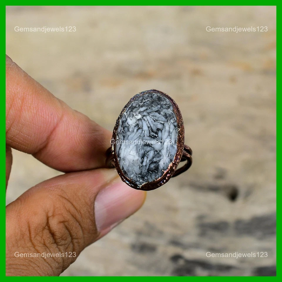 Anillo Ovalado Natural Pinolito Jaspe Cobre Bisel Apilable Electroformado Joyería Foto 3 de 4