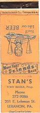 Lebanon Pennsylvania Stan's Meet Your Friends Here Vintage Matchbook Cover