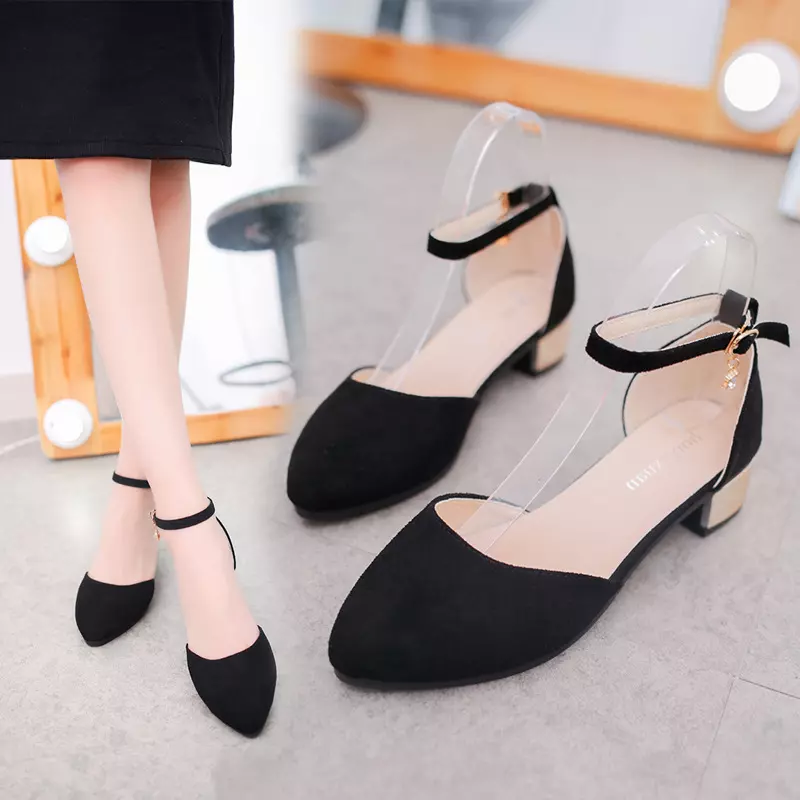 Shallow Mouth Sandal One Word Button Pointed Toe Thick Heel