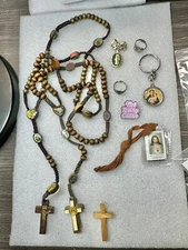 Lot Of Catholic Religious Items 2 rosaries 2 Rings 1 Scapular 1 Brooch 1 Pin 