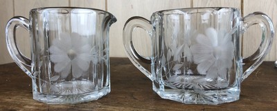 1930s Depression Glass Creamer & Sugar Bowl Wheel Cut Flowers & Foliage