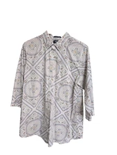 Lands Womans Shirt Sz 18 Cream/Blue/Brownique Design   3/4 Sleeve Suprimo Cotton