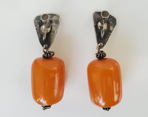 Vintage Butterscotch Amber Bakelite Large Bead Necklace Sterling Earrings 125Gr - Picture 7 of 20