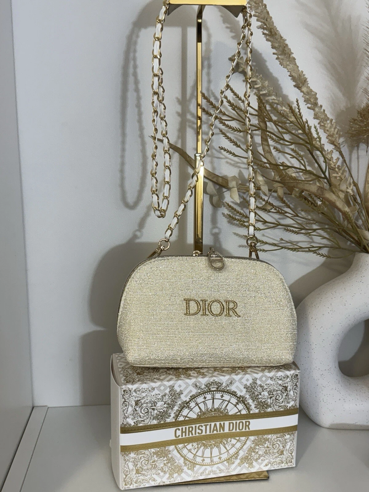Authentic New CHRISTIAN DIOR Gold Holiday Makeup bag Converted To Crossbody Bag