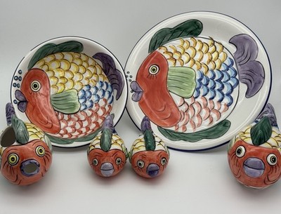 Colorful Fish Serving Set Salt Pepper Shakers Nautical Coastal Decor Taiwan 1995