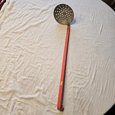 Vintage Ice Fishing Dipper Skimmer Scoop Red Metal Handle 23" Long Perforated...