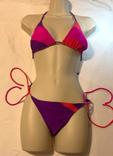 Women s S Colorblock Triangle Halter Bikini Set Tie-Side Bottoms Purple Pink