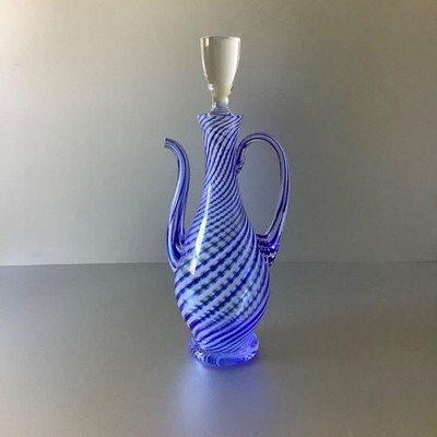 Signed Pasabahce 12'' Blue White Spiral Decanter Pitcher Ewer Cesm-i Bulbul VTG