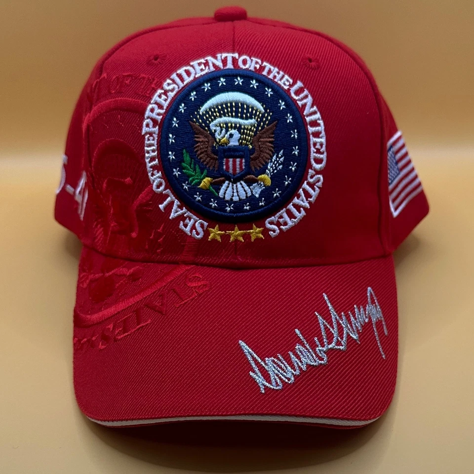 Sombrero Trump Bordado Levantado President Seal Signature 45-47 Bandera Negro Rojo Azul Foto 2 de 4