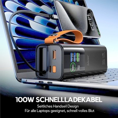 Selectec Powerbank 50000mAh 100 W mit integriertem USB-C-Kabel For Laptop iPhone
