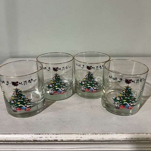 Christmas Tree Short Clear Drinking Glasses Angel Top Horse & Presents Set of 4