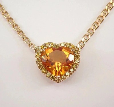 3CT Heart Cut Lab Created Citrine Women's Chain Pendant 14k Yellow Gold Plated