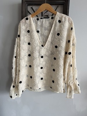 Zara Blouse Shirt Cream XL UK 16-18 Spotty Textured Pattern Polka Dot Floral 
