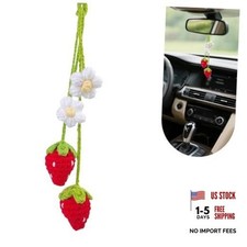 Crochet Strawberry and Flower Car Rear View Mirror Hanging 2 PCS Red