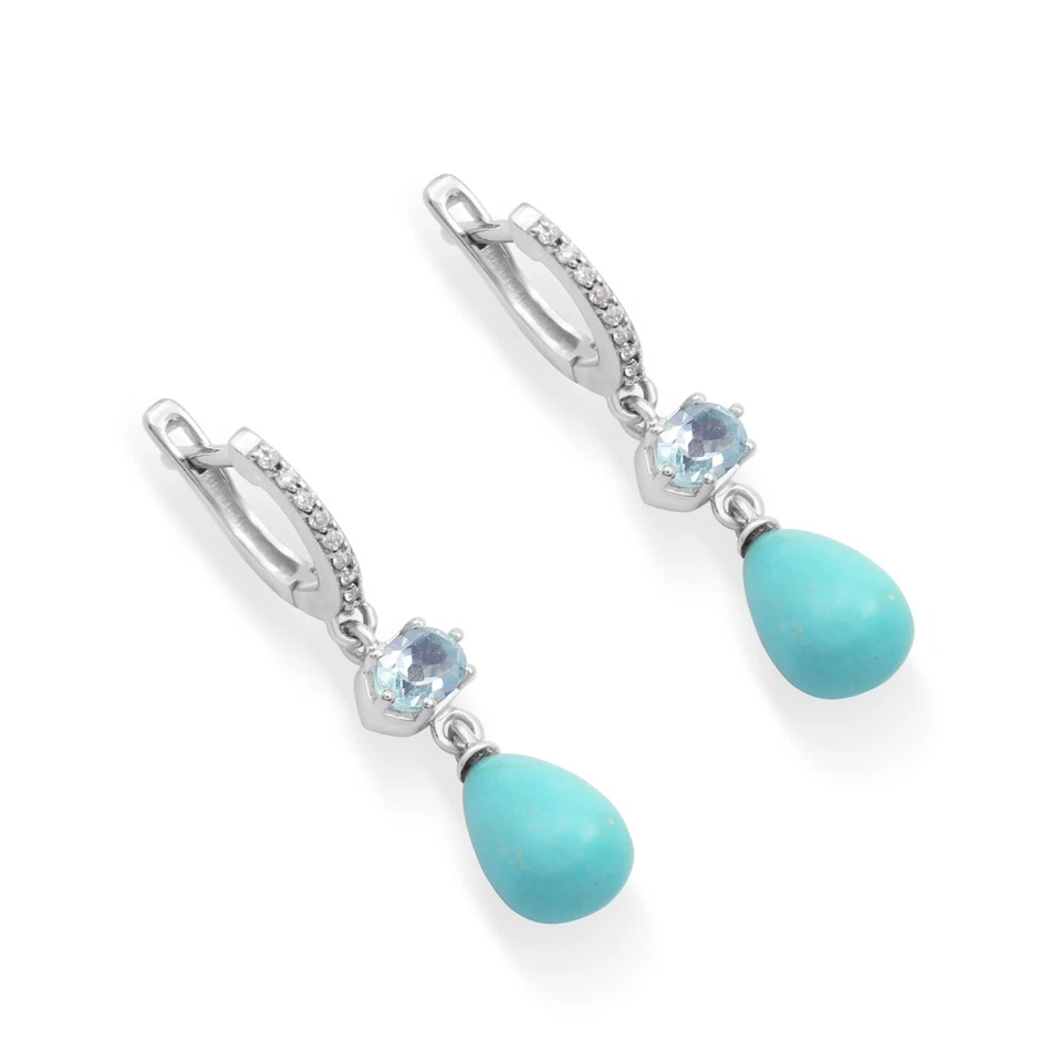 Orecchini a cerchio mini pendenti con pietre preziose turchesi topazio blu... - Immagine 2 di 4