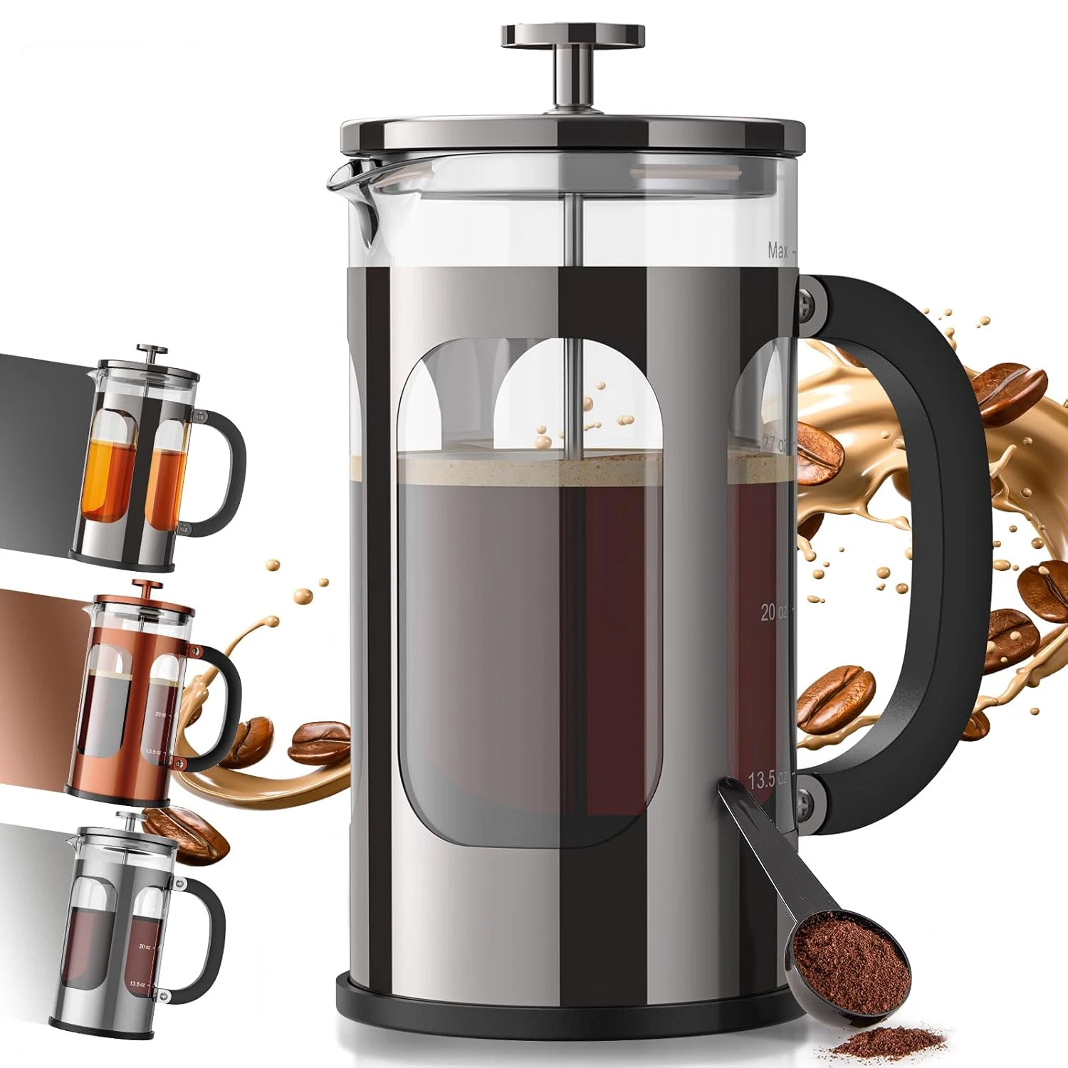 French Press Coffee Maker 34Oz 1 L, No Plastic Touching Cafe, Heat Resistant