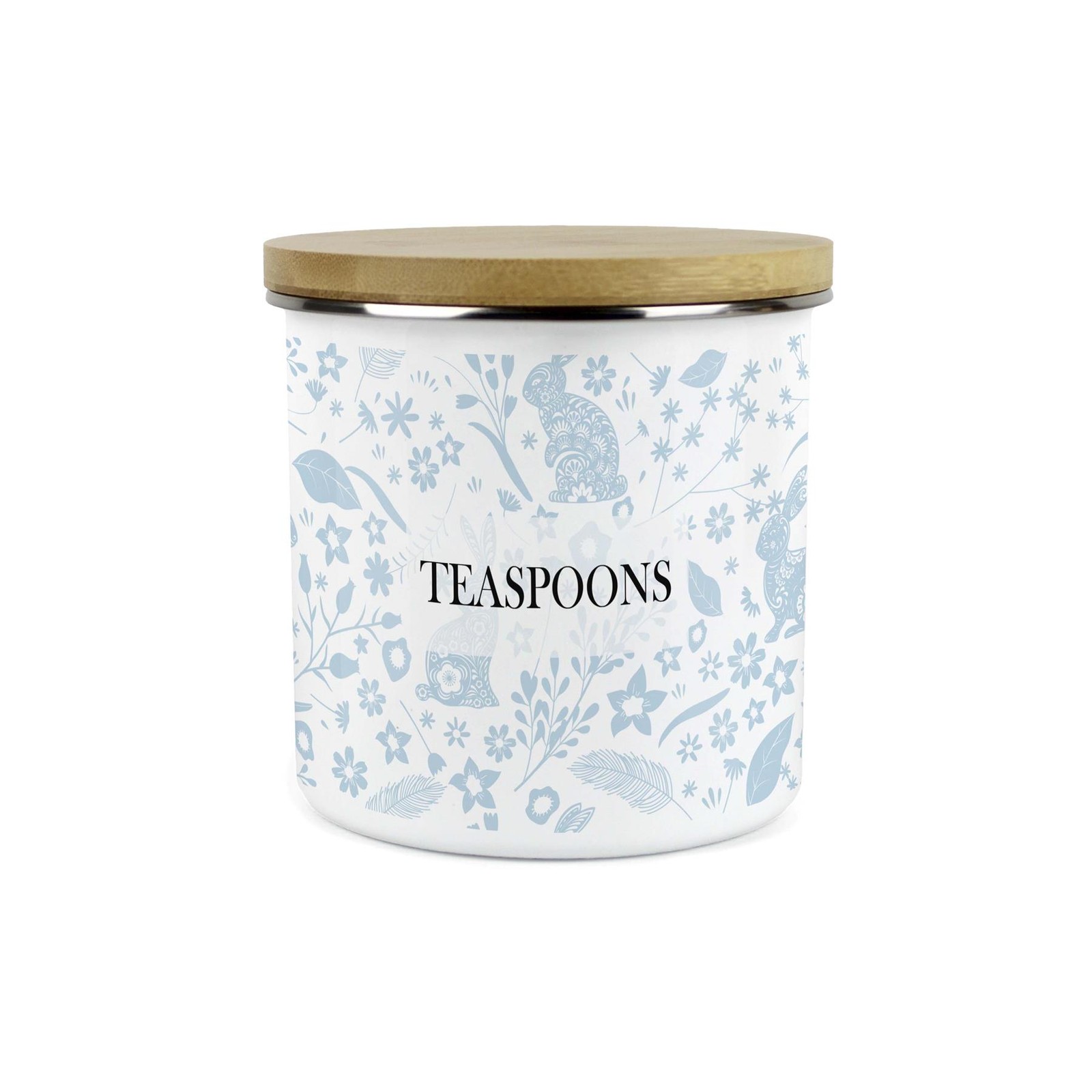 Wild Rabbits Teaspoons Storage Canister - Light Blue Enamel Kitchen Container