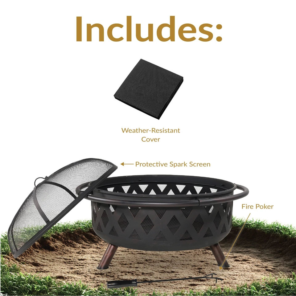36 in Crossweave Steel Fire Pit with Screen, Poker, and Cover by Sunnydaze - Image 4 of 4