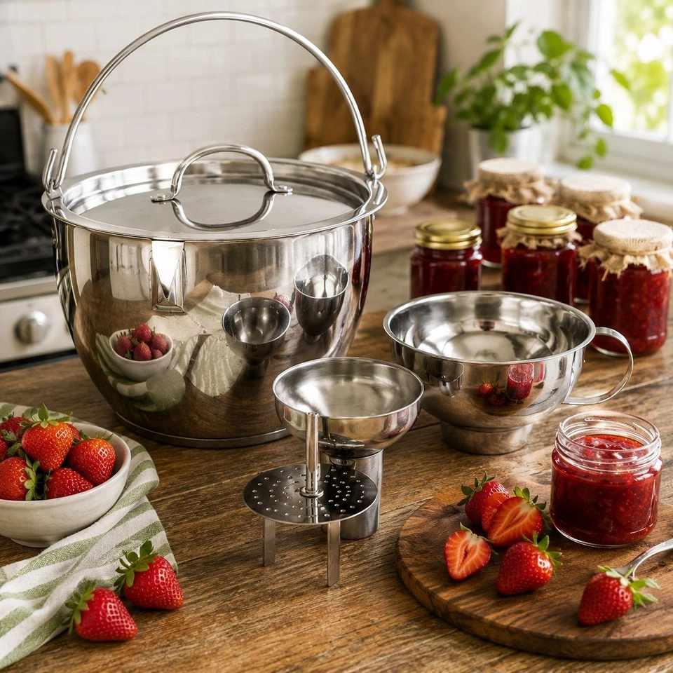 Stainless Steel Maslin Jam Pan Induction Jam Making Pot With Lid and Funnel 8.5L - Image 1 of 4