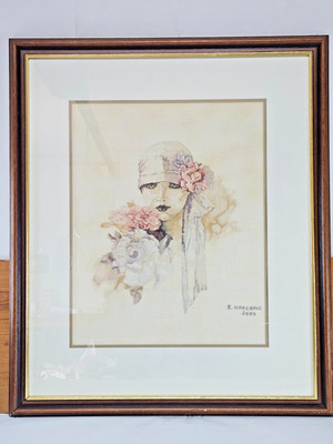 Vintage Lanarte Sara Mond Dame rosa lila Blume gerahmtes Kreuzstich Bild