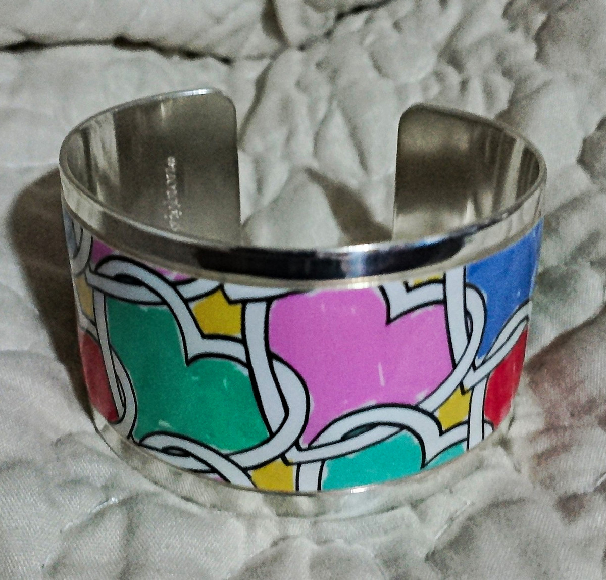 Brighton Signed Silver Plated Enamel Multicolor Hearts Wide Cuff Bracelet