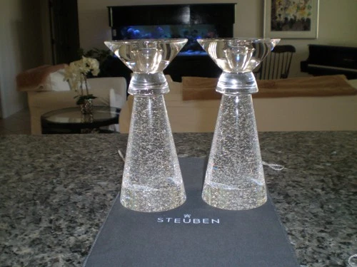 STEUBEN Stardust Candlesticks - Controlled Bubble - Signed - Ex Condition