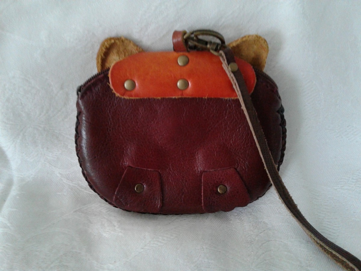 NOATD8831628 LEATHER CAT COIN PURSE with Tooled Wrislet | eBay