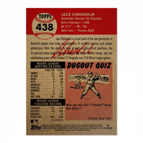 JAZZ CHISHOLM RC - 2021 Topps LIVING SET #438 - MIAMI MARLINS - Picture 2 of 2