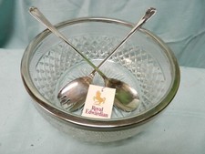 Royal Edwardian Falstaff Silver Plate Crystal Salad Bowl w Utensils England NEW