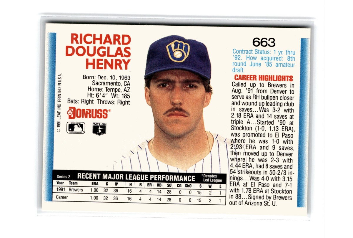 Doug Henry Baseball #663 1992 Donruss Milwaukee Brewers | eBay
