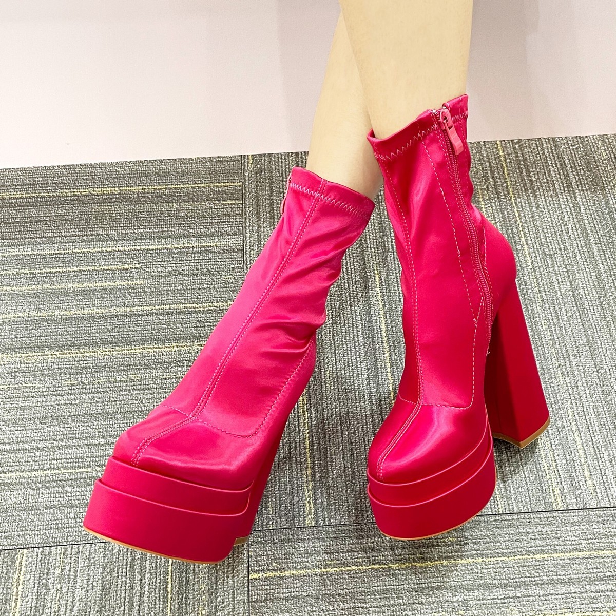 Women's Mid Calf Round Toe PU Zip Up Double Platform Dress Boots