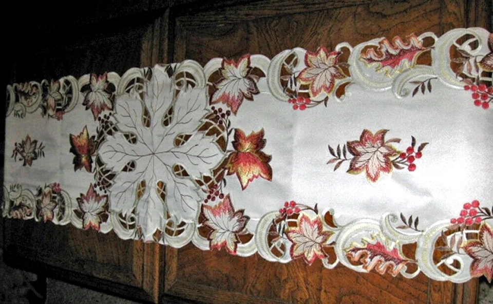 Thanksgiving Fall Table Runner Embroidered Fallen Leaves Table Runner 69"x 13" - Image 3 of 4