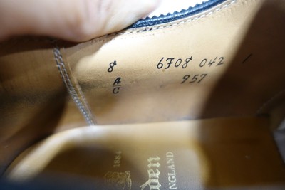 Alden 957 Medallion Tip Blucher is built on the Aberdeen last. The model has a black Calfskin leather upper with a heavy single leather outsole.