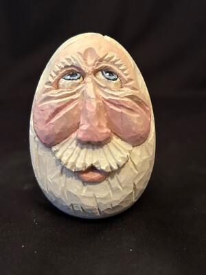 Colorado Folk Artist Jim & Jane Moore Wood Carved Painted Santa Egg Head Figure