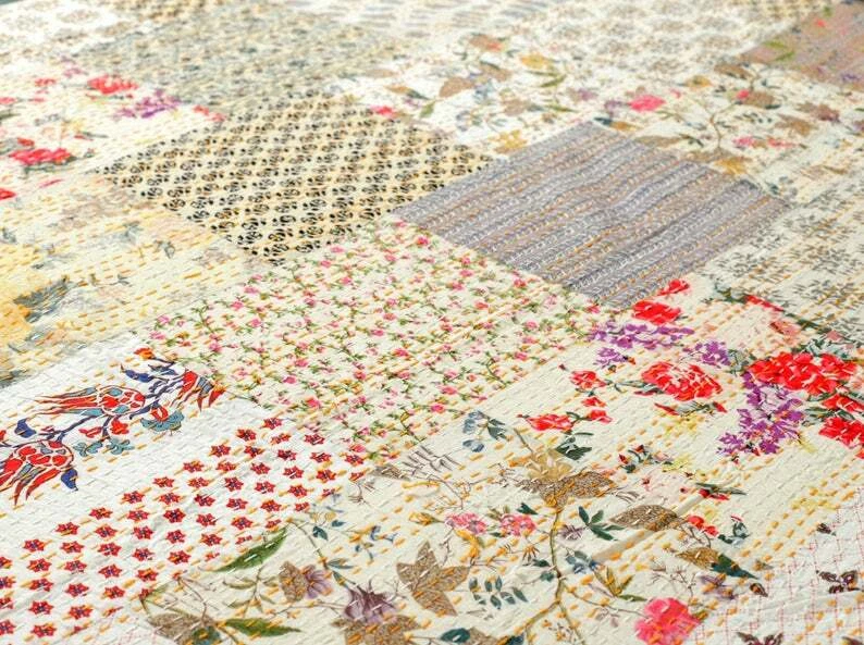 Patola de seda retazos hechos a mano bebé tiro bohemio hippie 60x40 pulgadas Kantha Foto 4 de 4