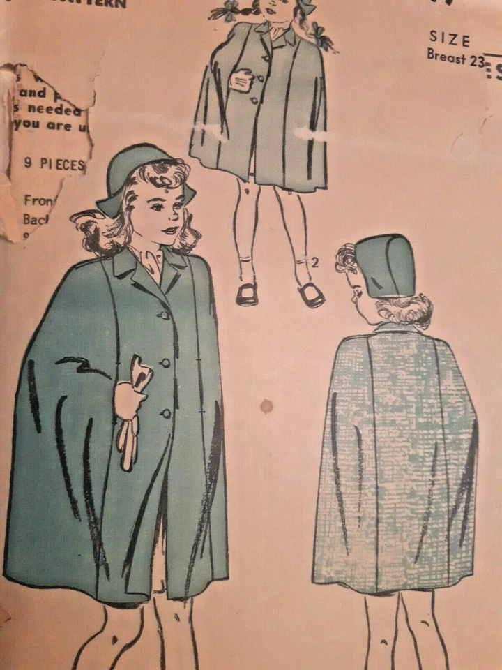 Cape Poncho Coat Hat Advance Sewing Pattern 347 Girls Size 4 Cut VTG 1930's - Image 2 of 4