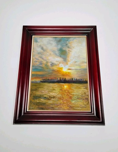 Original Oil Painting City Skyline & Water 16x20 Asian Artist Signed 2002 READ